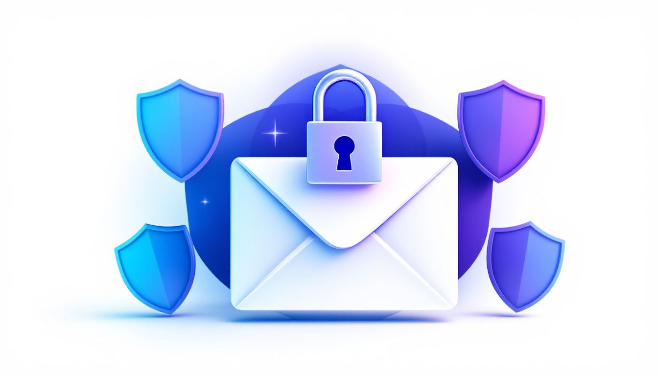 An image symbolizing email security, showcasing locks and shields over an email interface.